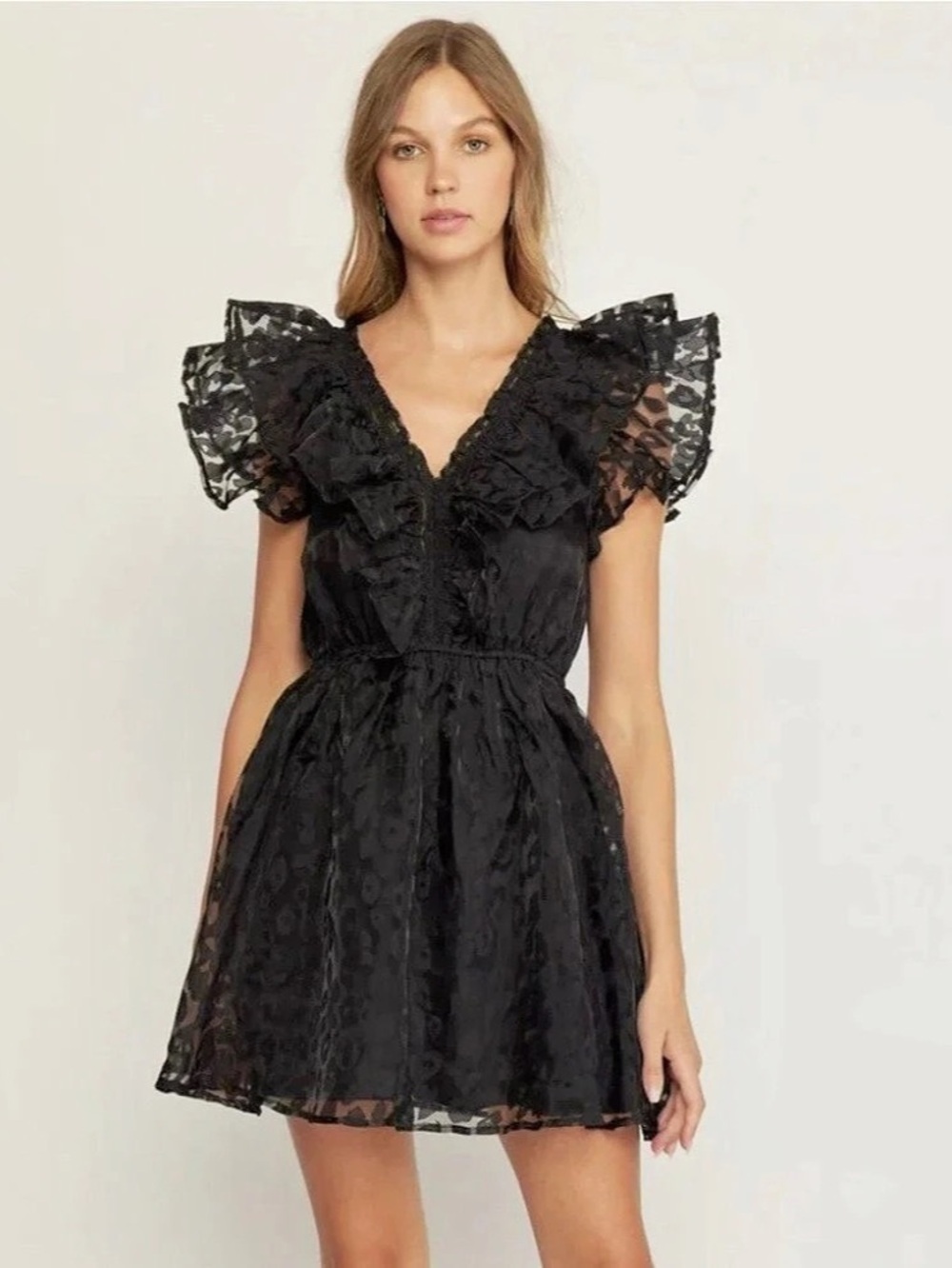 Entro Leopard Pattern Ruffle Dress Mini Black Large